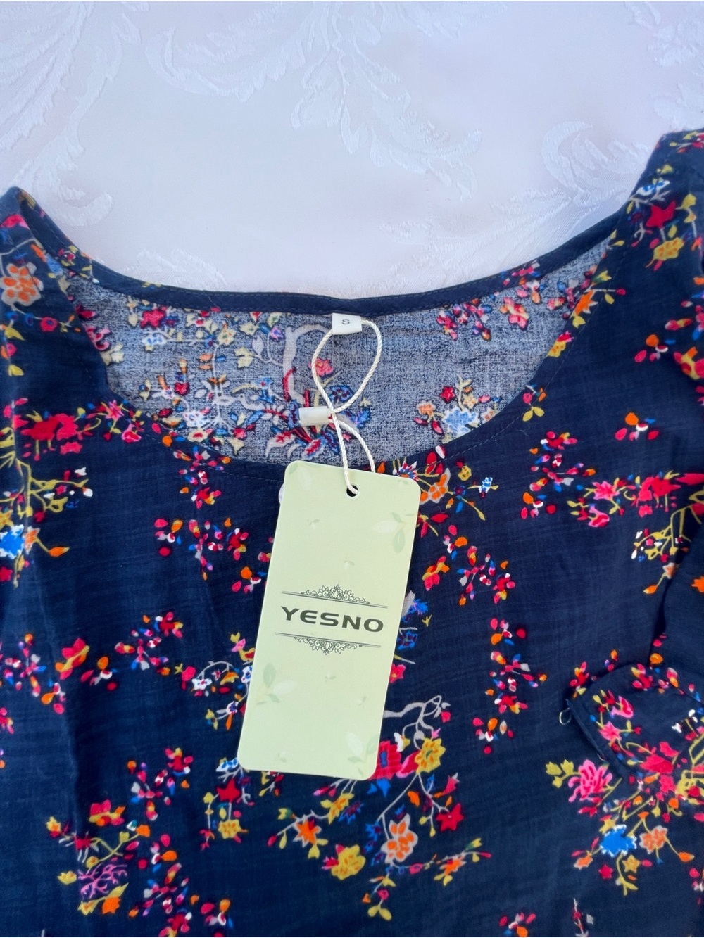 YESNO Navy Floral Midi Dress with Scoop Neck
